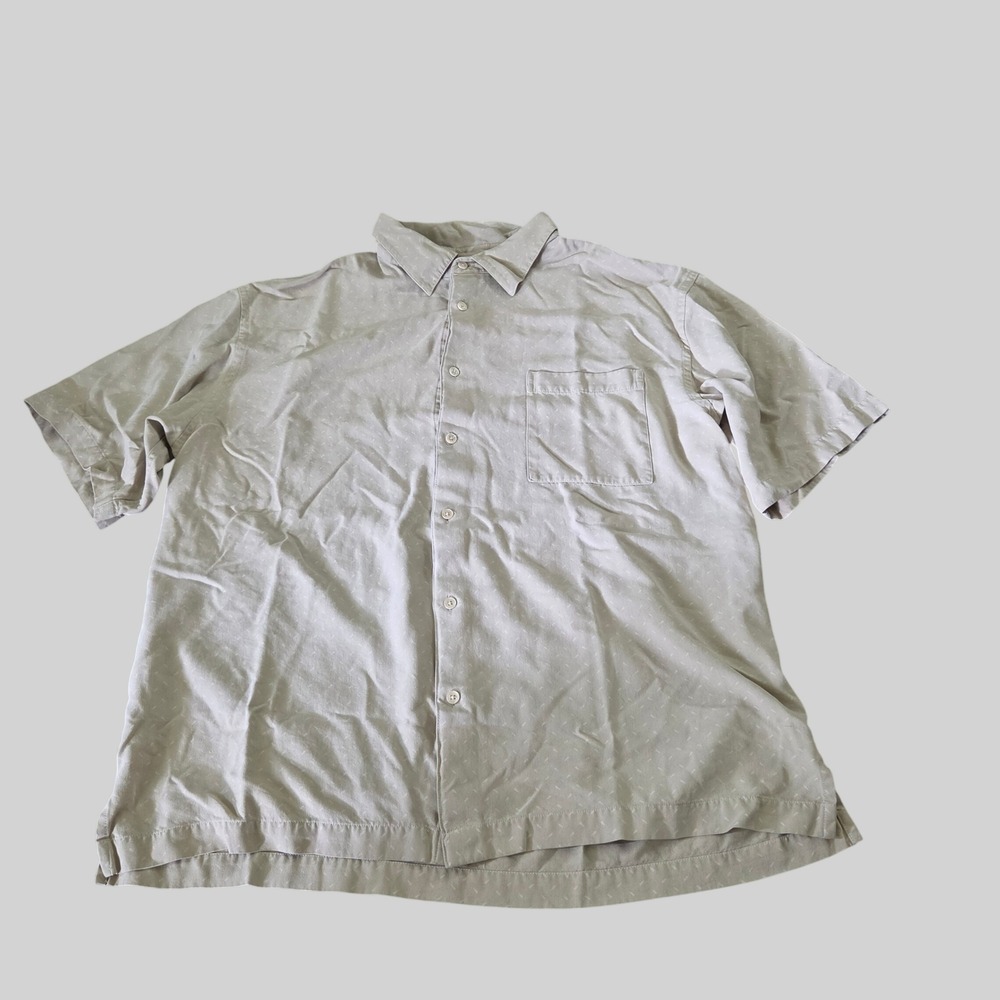 Neiman Marcus XL 100% Silk Camp Shirt Micro-Print Neutral Coastal Casual Sand